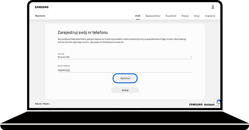 Opcja Wyślij kod wybrana w obszarze Zarejestruj swój nr telefonu witryny konta Samsung Account