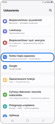 Opcja Konta i kopia zapasowa wybrana w Ustawieniach