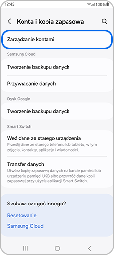 Opcja Zarządzanie kontami wybrana w obszarze Konta i kopia zapasowa