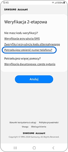Dotknięcie opcji Musisz zmienić numer telefonu? w menu weryfikacji dwuetapowej