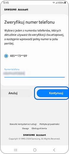 Weryfikacja poprzez wprowadzenie poprzedniego numeru telefonu i dotknięcie opcji Kontynuuj