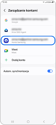 Opcja Konto Samsung wybrana w obszarze Zarządzanie kontami