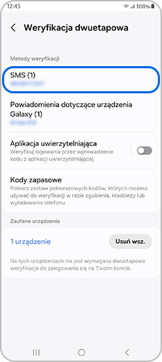Opcja SMS wybrana w obszarze Metody weryfikacji w menu weryfikacji dwuetapowej