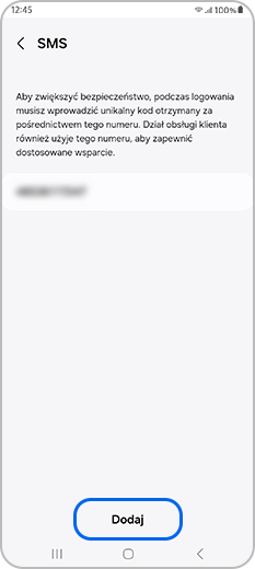 Opcja Dodaj wybrana w menu SMS w opcjach weryfikacji dwuetapowej