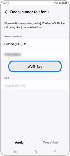 Wprowadzenie kodu we wskazanym miejscu i dotknięcie opcji Weryfikuj