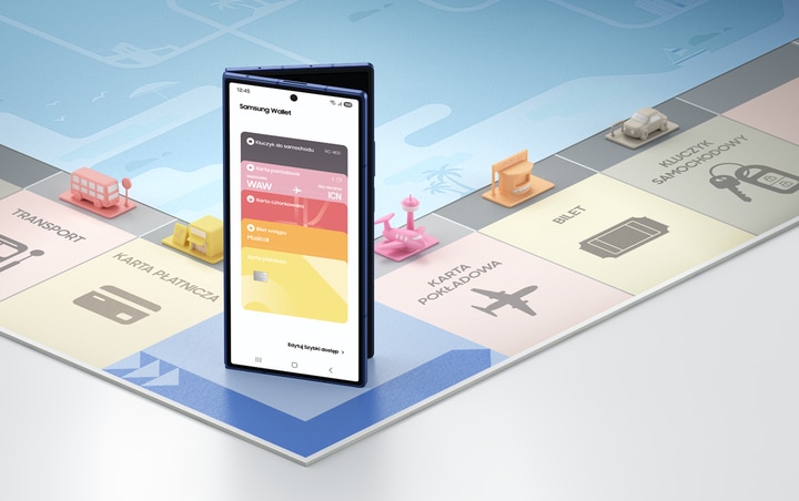 Samsung Galaxy z aplikacją Samsung Wallet™ na planszy z ikonami kart, biletów i kluczy – cyfrowy portfel w telefonie.