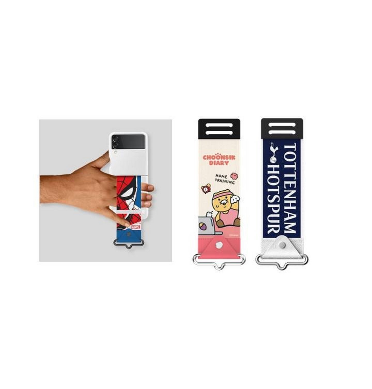 Dwa paski i obok smartfon Galaxy Z Flip z paskiem trzymany w dłoni