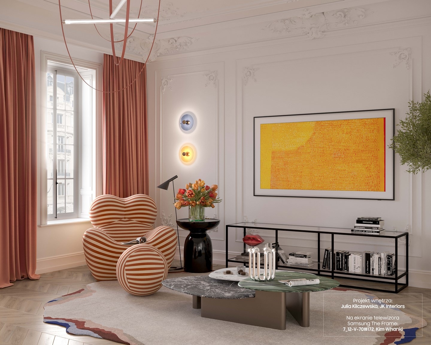 Kolaż dwóch zdjęć projektu przedstawiającego funkcjonalne i estetyczne wnętrze oraz telewizor The Frame, na którym wyświetlane są dzieła sztuki.