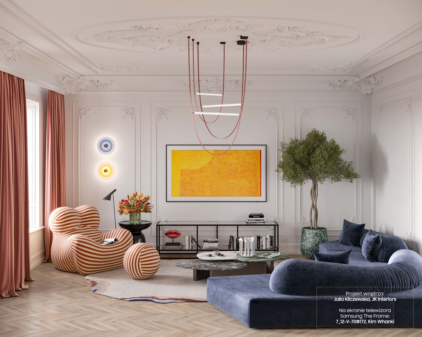 Kolaż dwóch zdjęć projektu przedstawiającego funkcjonalne i estetyczne wnętrze oraz telewizor The Frame, na którym wyświetlane są dzieła sztuki.