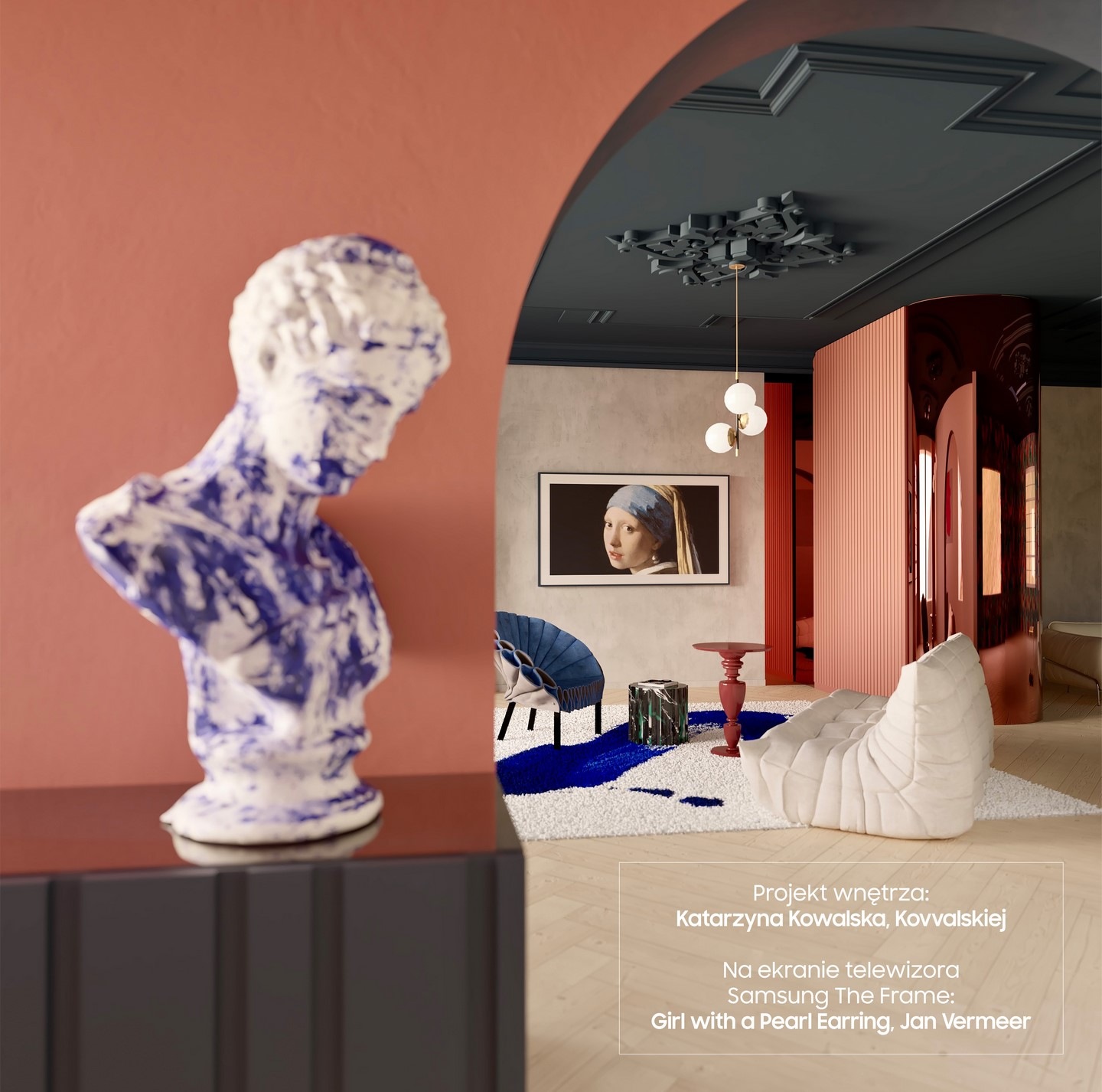 Kolaż dwóch zdjęć wnętrza, które wyróżnia się mocnym połączeniem kolorów i zaskakującą przestrzenią.