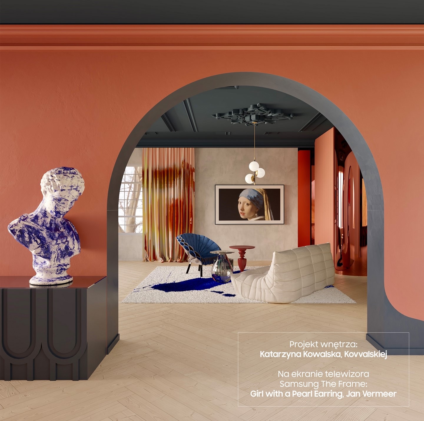 Kolaż dwóch zdjęć wnętrza, które wyróżnia się mocnym połączeniem kolorów i zaskakującą przestrzenią.