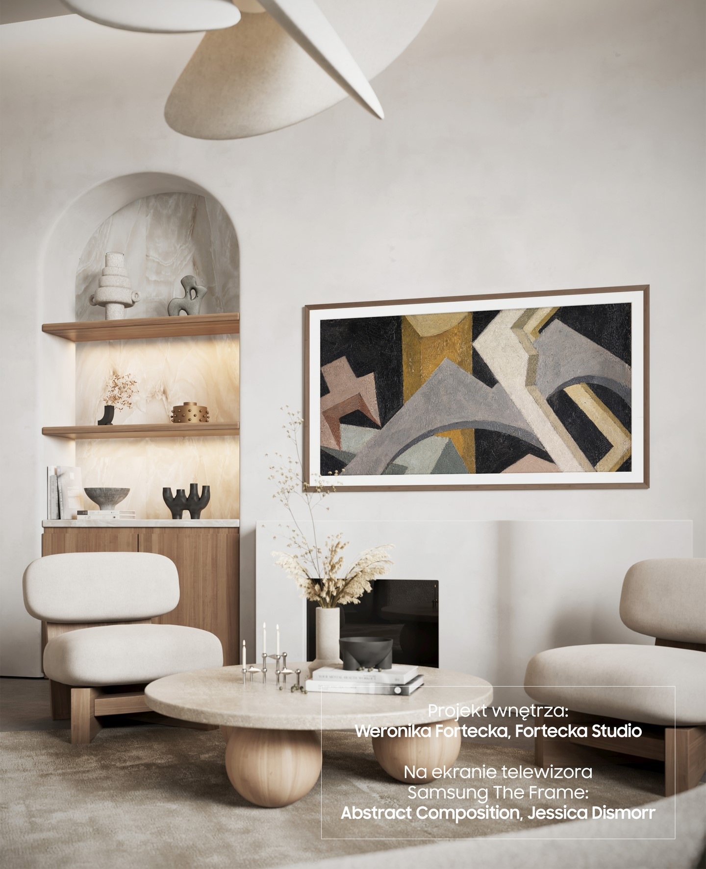 Wyrafinowany projekt salonu, którego centralnym punktem jest ściana telewizyjna z telewizorem The Frame.