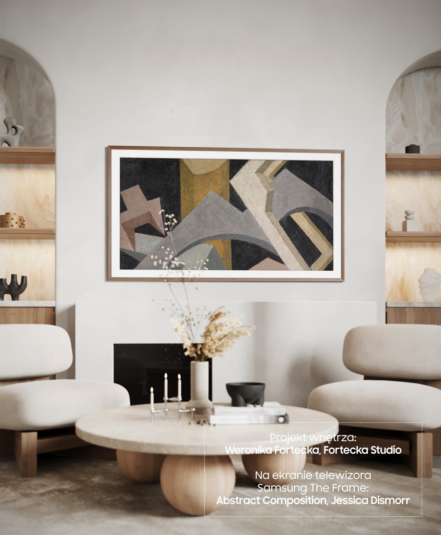 Wyrafinowany projekt salonu, którego centralnym punktem jest ściana telewizyjna z telewizorem The Frame.