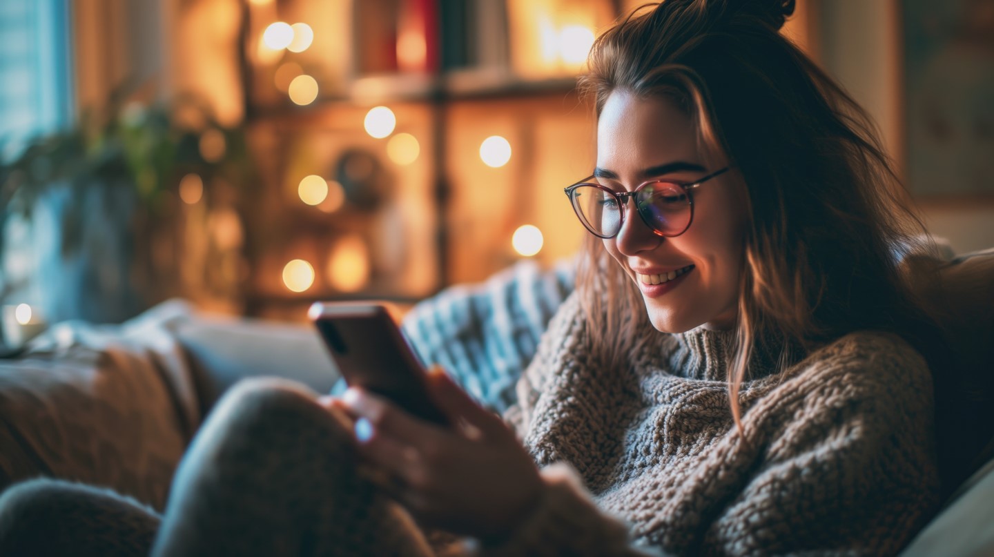 Kobieta trzymająca w dłoni smartfon, robiąca zakupy w sklepie Samsung Shop app, gdzie można kupić m.in.: telewizory Samsung Smart TV i OLED. Dziewczyna uśmiecha się, widząc zniżki na wybrane produkty Samsung.