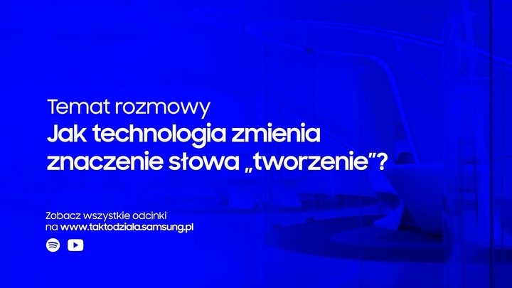 Napis "Jak technologia zmienia znaczenie słowa tworzenie" na niebieskim tle.