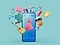 Zdjęcie prezentujące smartfon i kilka możliwych produktów, które dzięki niemu można kupić. Widać również ekran z opcją dodania produktu do koszyka lub możliwością bezpośredniego zakupu.