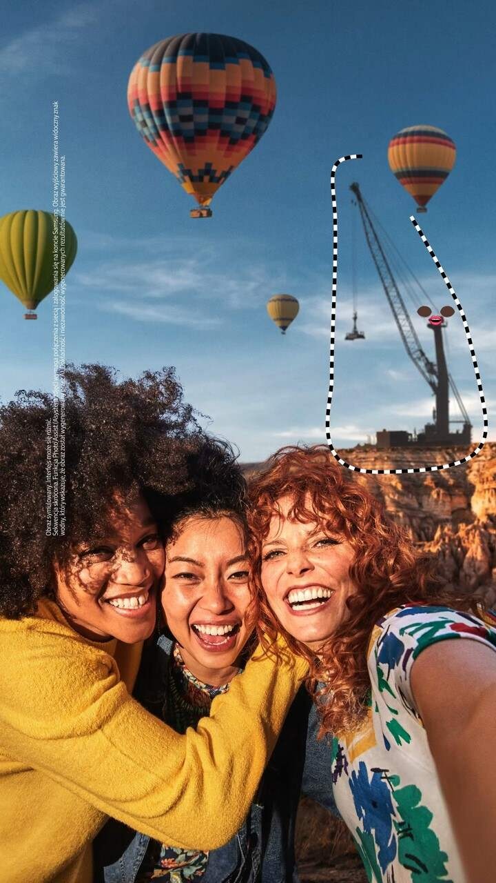 Uśmiechnięta grupa przyjaciół na tle balonów latających po niebie.