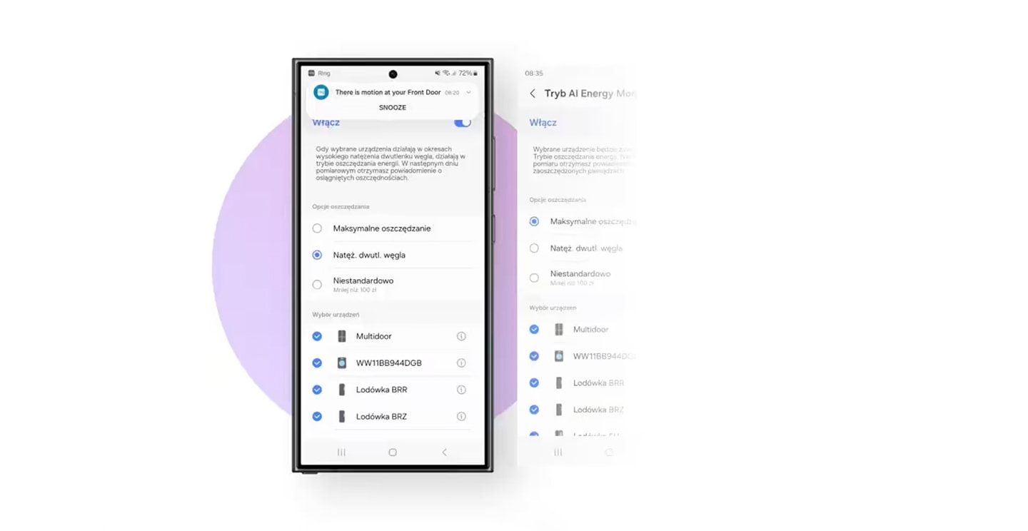 Na ekranie widoczny jest telefon z zakładką SmartThings Optymalne ładowanie. Jest włączony, a ładowanie poza szczytem w opcjach ujawnia ustawienia czasu szczytu. Wybrano opcję ładowania uwzględniającego emisję dwutlenku węgla. Pasek poniżej pokazuje rozkład godzinowych opłat uwzględniających emisję dwutlenku węgla dla wybranych urządzeń.