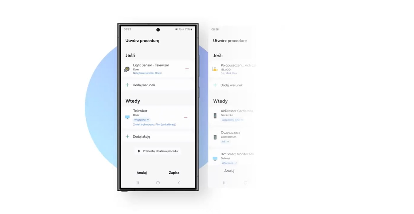 Na ekranie widoczny jest telefon z zakładką SmartThings Create Routine. gdy wszyscy opuszczą dom, wybrane urządzenia automatycznie się wyłączają. Lub po naciśnięciu przycisku SmartThings Station w salonie telewizor Samsung Serif wyłączy się automatycznie.
