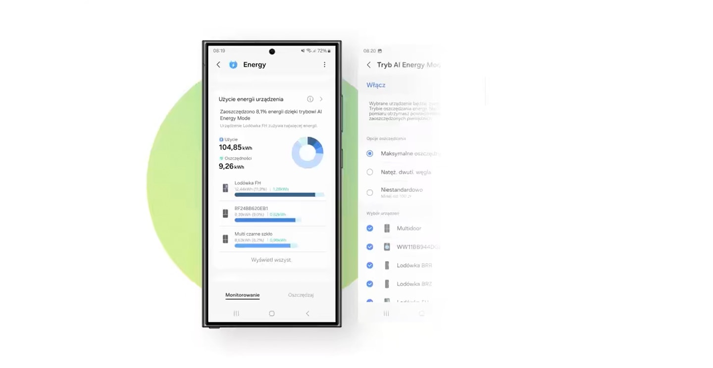 Na ekranie znajduje się telefon z zakładką SmartThings Energy. Oszczędność 27,41 kWh wynosi 14,6% w trybie AI Energy, a całkowite zużycie wynosi 187,56 kWh. Najwięcej energii zużywa klimatyzator pokojowy, następnie telewizor i lodówka. Tryb AI Energy jest włączony, dostępne są trzy opcje oszczędzania; Maksymalna oszczędność, intensywność emisji dwutlenku węgla i niestandardowe. Wybrano intensywność węgla. Można także wybrać Urządzenia; Klimatyzator pokojowy, telewizor, lodówka i suszarka. Wszystkie urządzenia zostały wybrane.