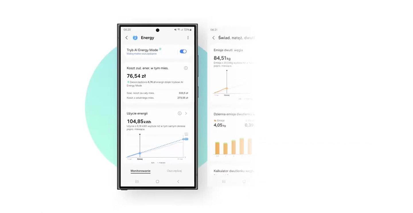 Na ekranie znajduje się telefon z zakładką SmartThings Energy. Koszt zużycia energii w tym miesiącu wynosi 29,94 zł, co oznacza oszczędność 5,48 zł w trybie AI Energy. Z dolnego menu wybierana jest zakładka Monitor. W trybie świadomym intensywności emisji dwutlenku węgla można zauważyć emisję dwutlenku węgla i dzisiejszą intensywność emisji dwutlenku węgla.