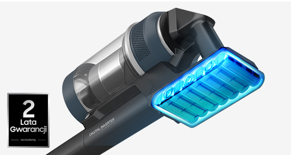 There is a close-up of a Bespoke JET with the battery pack highlighted in blue. There are 1 certifications at the bottom left,  It says a 2-year warranty on the battery.