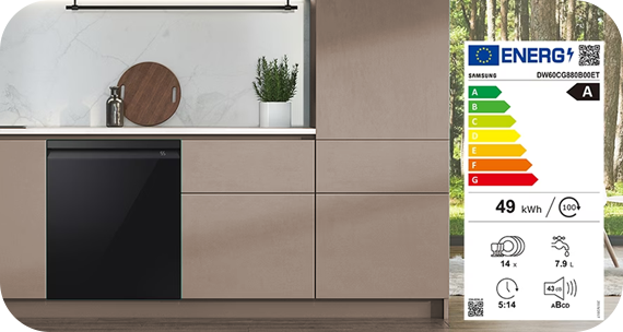 Czarna inteligentna zmywarka do zabudowy w beżowej kuchni z opisem  klasyfikacji energetycznej