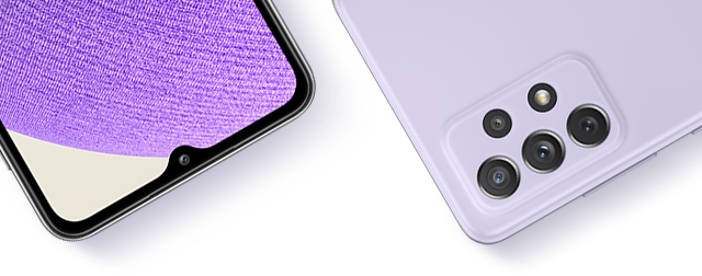 Pięć telefonów Galaxy A. Galaxy A72 w kolorze Awesome White i Galaxy A52 5G w kolorze Awesome Violet widziane od tyłu, aby pokazać minimalistyczną obudowę aparatu. Galaxy A32 w kolorze Awesome Black jest widziany z przodu, z graficzną tapetą na ekranie. Dwa kolejne telefony Galaxy A32, jeden w kolorze Awesome Blue i jeden w kolorze Awesome Black, są widoczne od tyłu, aby pokazać gładkie krawędzie urządzenia.