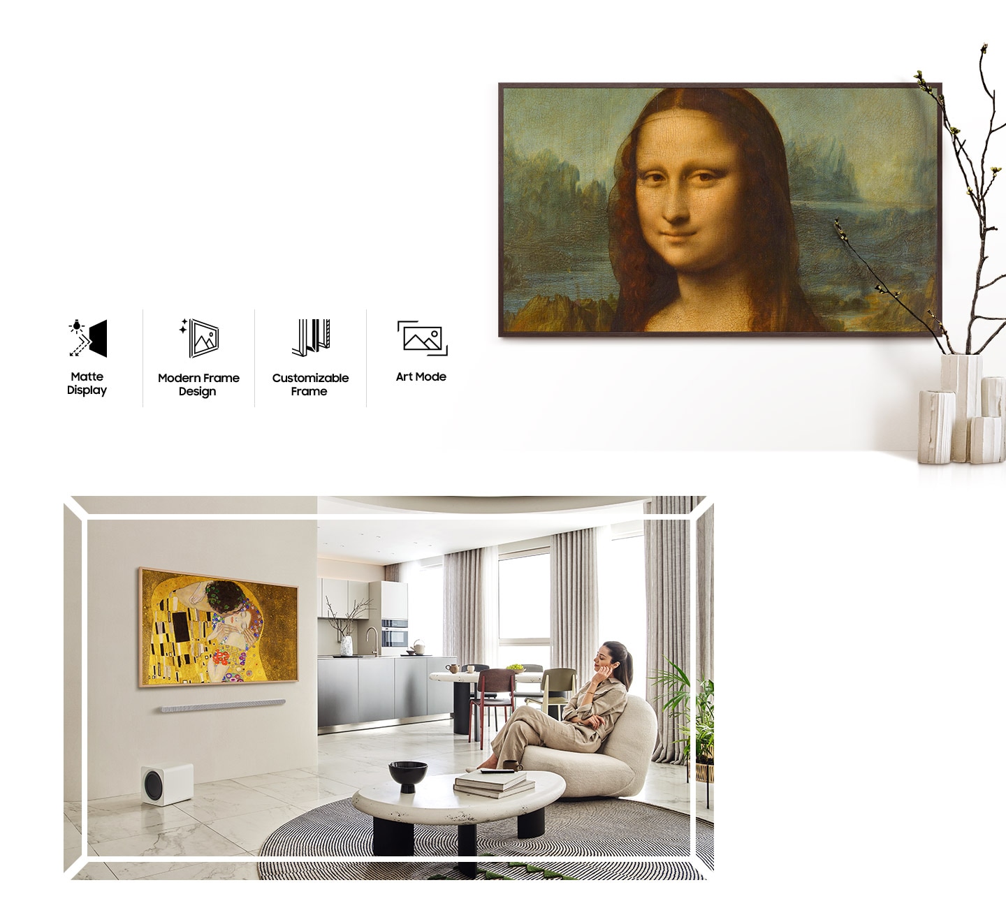 The Frame is displaying a famous artwork on its screen. The Frame's Top 4 Features including Matte Display, Modern Frame Design, Customizable Frame, Art Mode are on display. A woman is sitting on a sofa enjoying a famous artwork displayed on The Frame.