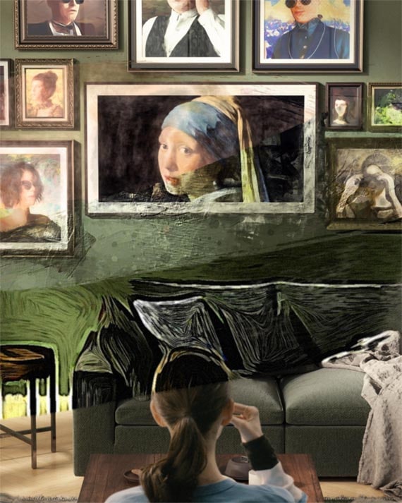 A woman watches The Frame as it displays the Girl with a Pearl Earring painting, which is surrounded by other art pieces.