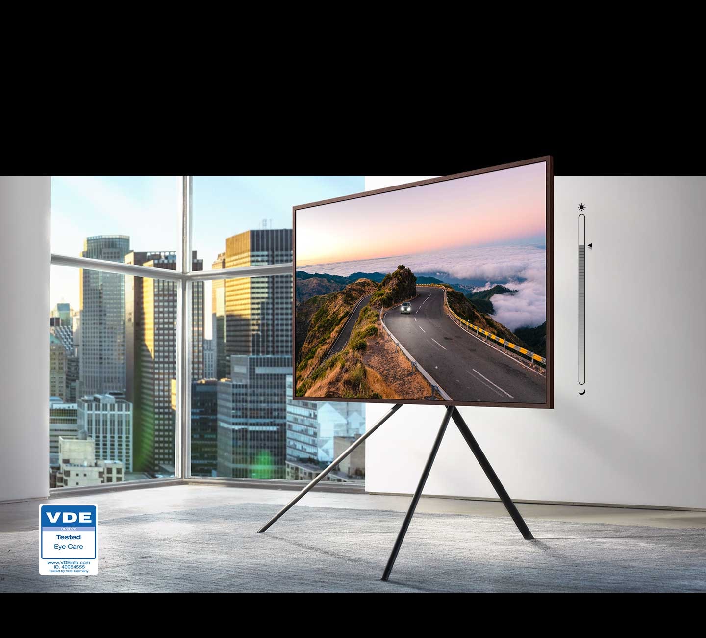 Tryb komfortu dla oczu w telewizorach the frame sprawia, że jasność obrazu dopasowuje się automatycznie.