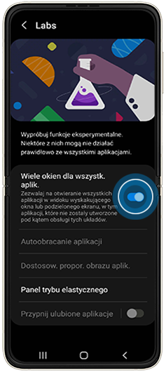 Ustawienie Wiele okien dla wszystkich aplikacji aktywowane na Galaxy Flip3