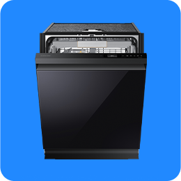 Czarna zmywarka Samsung z otwartymi drzwiczkami.