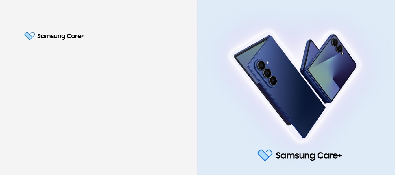 Deux smartphones pliables Galaxy Z Fold7 et Z Flip7 avec le logo de l'assurance Samsung Care+