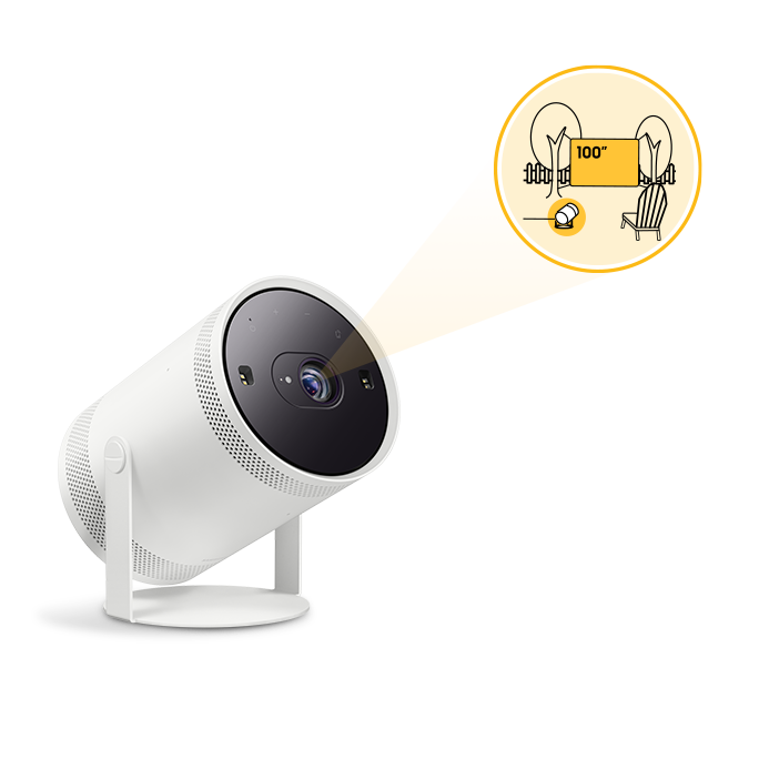 Zdjęcie Samsung the freestyle z grafiką projektora wyświetlającego na ścianie ekran o przekątnej 100 cali