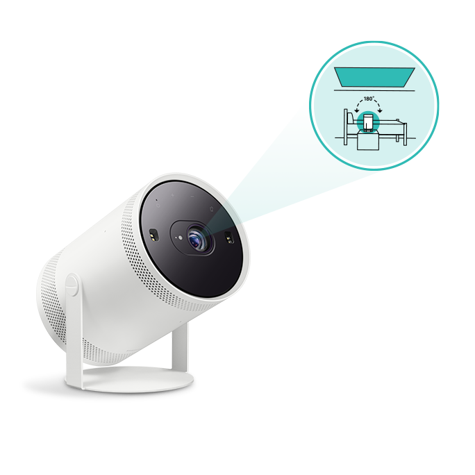 Samsung the freestyle z grafiką prezentującą funkcję obrotowego designu