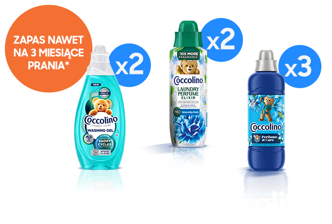 Zestaw środków piorących Coccolino dostępnych w ramach promocji "Zestaw pełny świeżości"