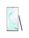 Samsung Galaxy Note10 + stoi pionowo, a niebieski rysik S Pen opiera się o bok