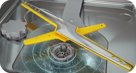 Wnętrze inteligentnej zmywarki z widocznymi żółtymi dyszami