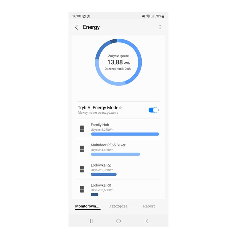 Ekran aplikacji SmartThings trybu AI Energy Mode - panel Monitorowanie