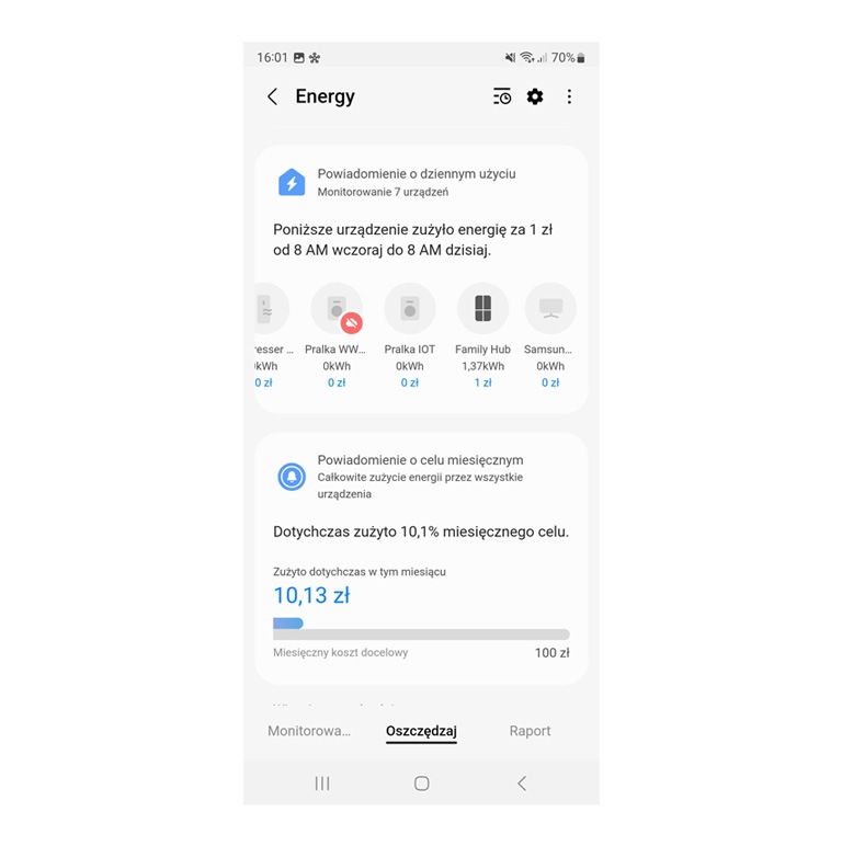 Ekran aplikacji SmartThings Energy - panel Oszczędzaj