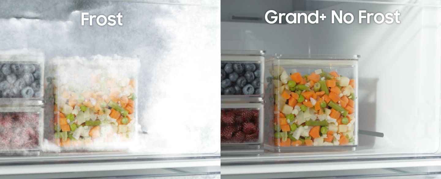 24 godziny później, lodówka  Samsung RB7300T z technologią No Frost utrzymuje jagody i pokrojone warzywa bez powłoki szronu, natomiast lodówka konwencjonalna powoduje oszronienie produktów.