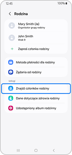 Ekran rodziny z wybraną opcją Znajdź członków rodziny