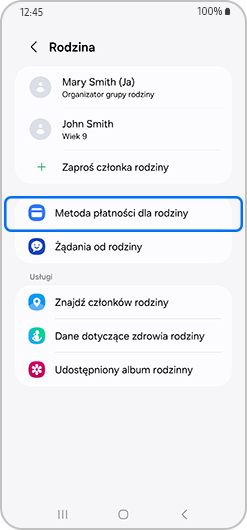 Metoda płatności dla rodziny zaznaczona na ekranie rodziny.