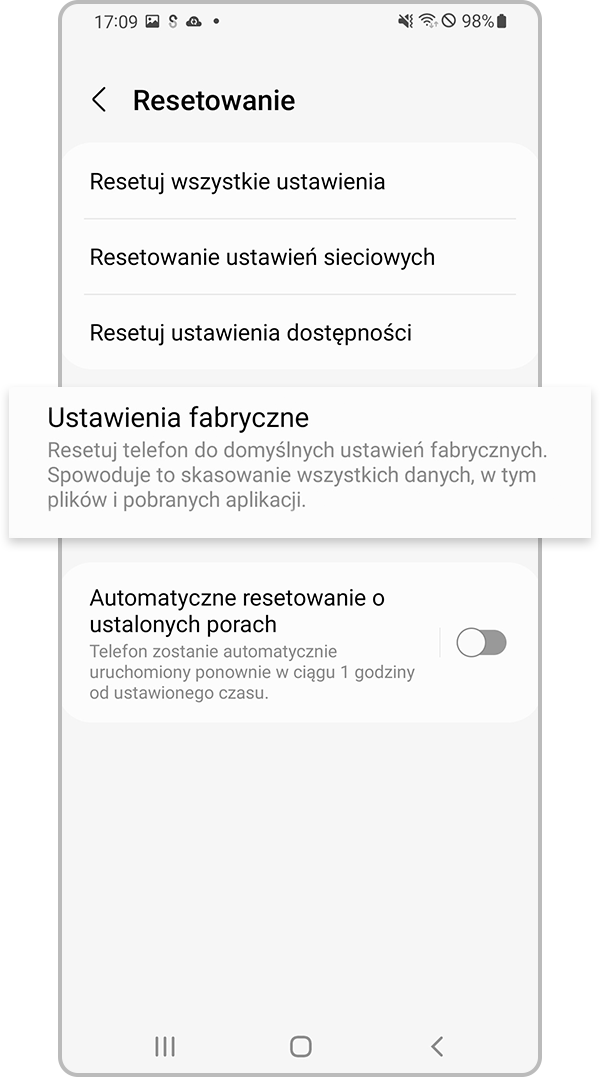 Wybierz pozycję Ustawienia fabryczne