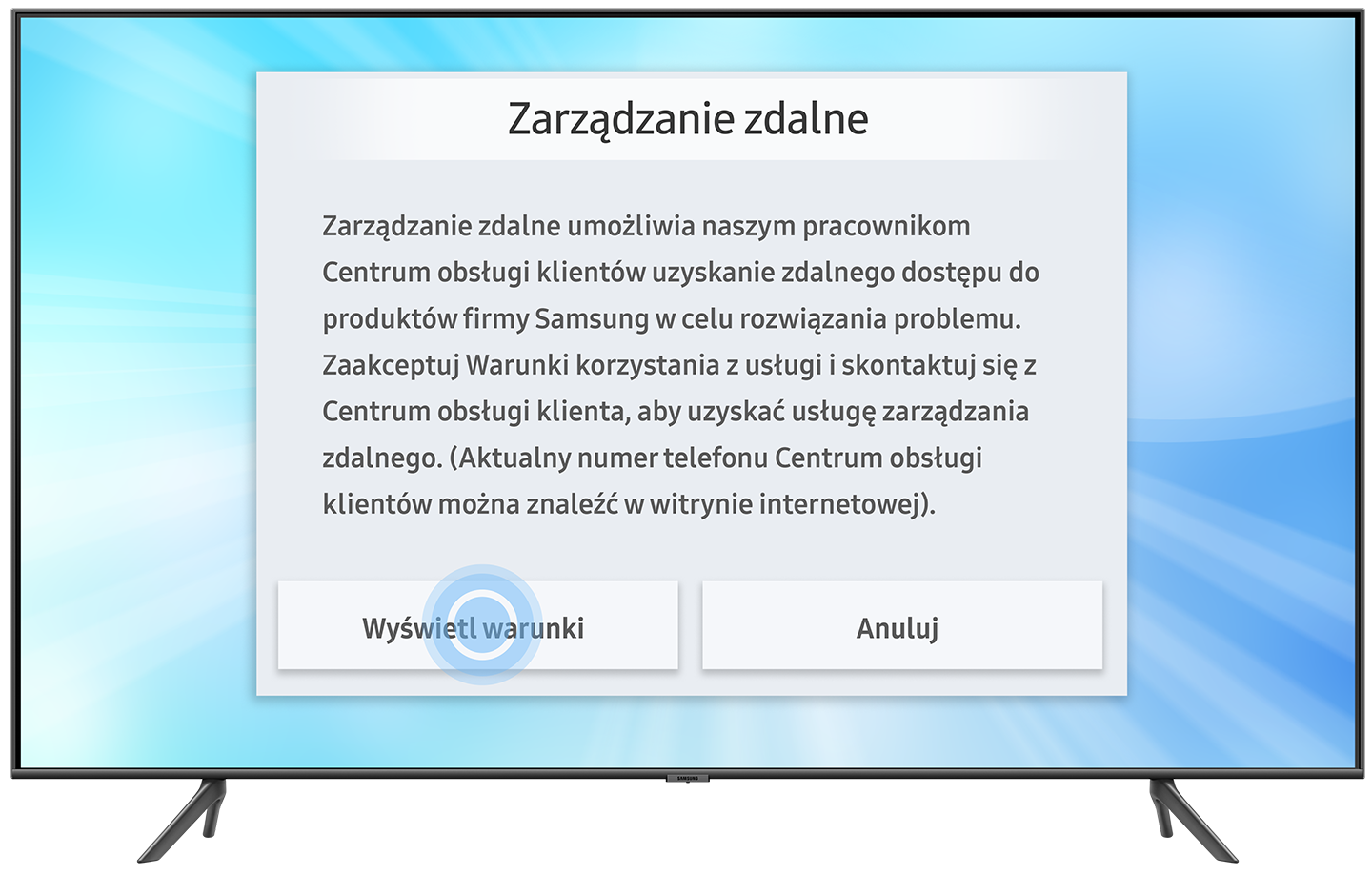 Zdalne Wsparcie na Smart TV - krok 4: Zadzwoń na infolinię Samsung i poinformuj o chęci skorzystania z usługi, a potem podaj kod PIN