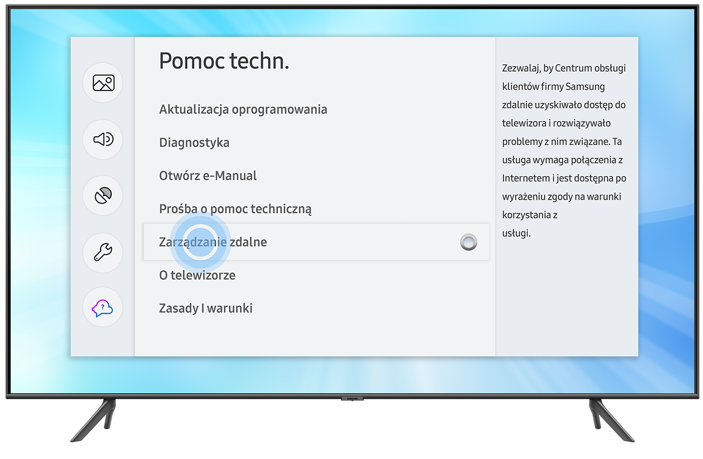 Zdalne Wsparcie na Smart TV - krok 2: W zakładce Pomoc Techniczna włącz opcję Zarządzanie Zdalne