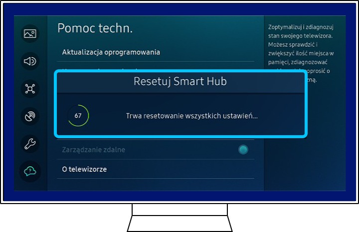 Obraz przedstawia komunikat ładowania „Resetuj Smart Hub” na telewizorze Samsung Smart TV.