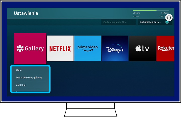 Obraz przedstawia konkretną aplikację i opcje jej usuwania na telewizorze Samsung Smart TV.