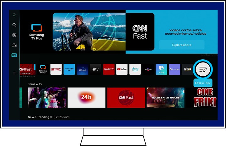 Obraz przedstawia menu Smart Hub z podświetloną opcją Edytuj listę na telewizorze Samsung Smart TV.